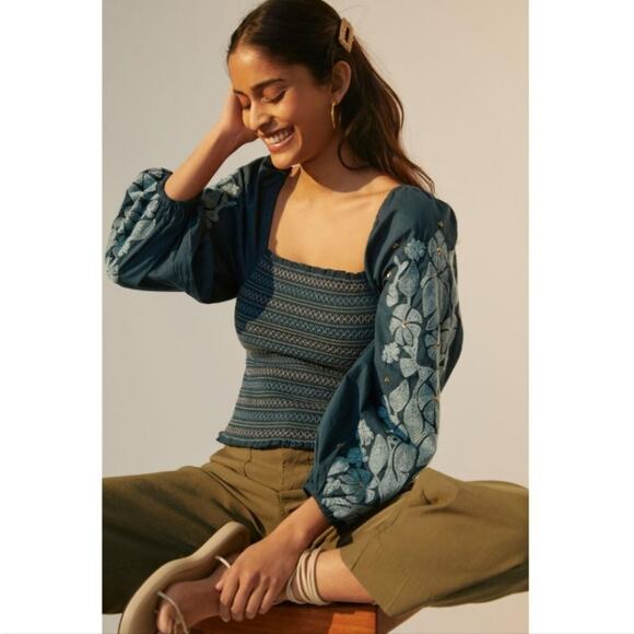 NEW Anthropologie Turquoise Embroidered Top - Picture 1 of 7
